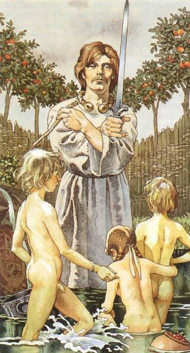 "Dían Cécht e i suoi figli" - Illustrazione di Giacinto Gaudenzi